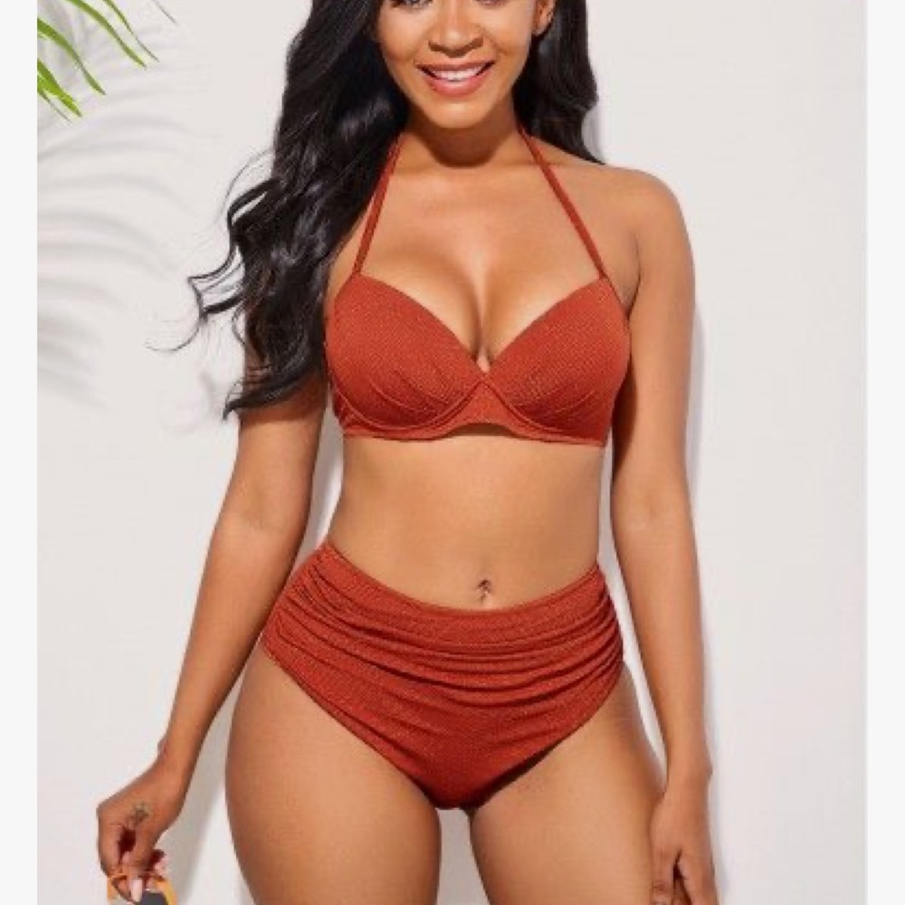 Ruched mid waist halter bikini set